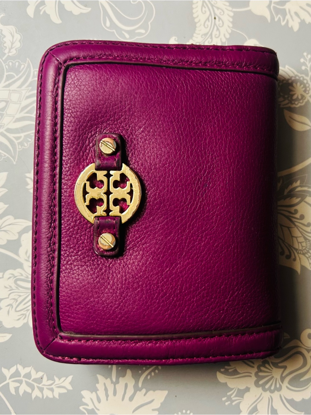 Tory Burch vintage pink purple leather wallet gold logo + hardware bifold